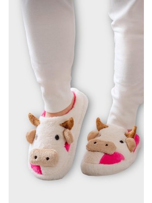 Liger Inek Figürlü Nakışlı Kaydırmaz Taban Kışlık Unisex Ev Terliği Beyaz - Fuşya