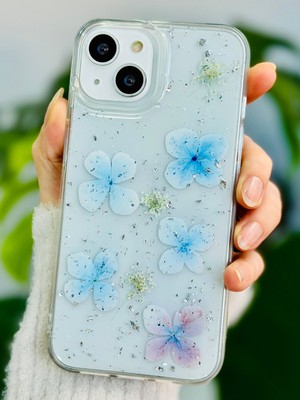 Go Aksesuar Iphone 13 - 14 ve 15 Uyumlu Epoksi Mavi Simli Çiçek Oyuncak Tasarımlı Esnek Silikon Kılıfı