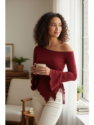 Kadın Bordo Uzun Ispanyol Kollu Asimetirik Yaka Yandan Bağlamalı Drapeli Bluz
