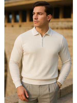 Comstar Erkek Çizgili Trend Uzun Kollu Krem Polo Yaka Kazak