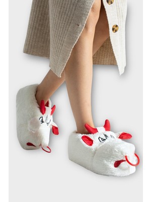 Liger Unisex Figürlü Kaymaz ve Ses Yapmaz Taban Ev Panduf Beyaz - Kırmızı