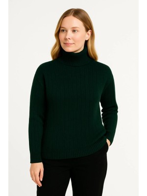 Nidam Butik Balıkcı Yaka Bağazlı Triko Kazak Pamuklu Kalın Fitilli Dokuma - Haki