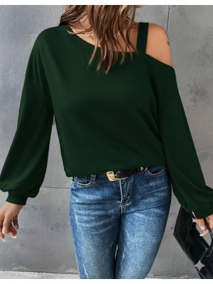 Veraura Lifestyle Kadın Uzun Kollu Tek Omuz Askı Detay Salaş Viskon Iki Iplik Bluz