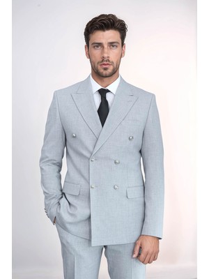 Gümüş Renk Metal Düğmeli Slim Fit Kruvaze Antrasit Erkek Takım Elbise – Wessi