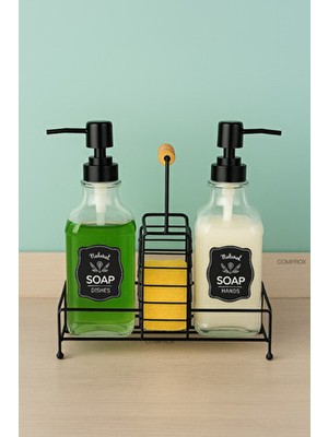 Comprox Cam Sıvı Sabunluk ve Bulaşık Sabunluk Seti 2’li – 500 ml Metal Standlı, Ahşap Kulplu, Sünger Haznel