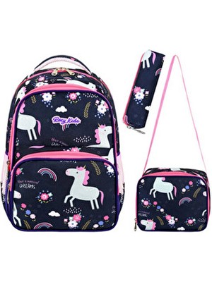 Roxy Lisanslı Unicorn 3'lü Set Ilkokul Çantası, Termal Beslenme Çantası ve Kalem Kutusu Seti