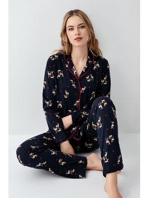 Arnetta Kadın Lacivert Gömlek Pijama Takım, Geyik Baskılı, %100 Pamuk