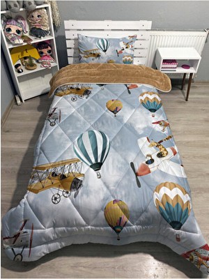 Welsoft Uçaklar ve Balonlar Desenli Tek Kişilik Pofuduk Yorgan Uyku Seti Pamuk - Polyester 155 x 215 cm