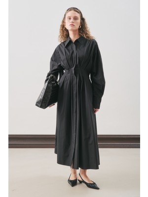 Manuka Pile Detaylı Gömlek Elbise Siyah