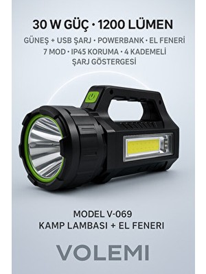 Volemi Uzun Menzilli Şarjlı Kamp Lambası El Feneri 1200 Lümen LED Güçlü Aydınlatma Özelliği