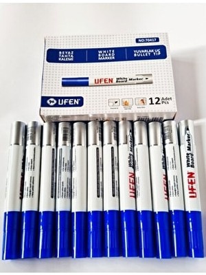 Ufen 12'li Beyaz Tahta Kalemi Mavi Renkli Yuvarlak Uçlu Kalem Seti