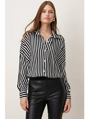 Armonika Kadın Siyah-Beyaz Ince Çizgili Oversize Uzun Basic Gömlek ARM-22Y001185