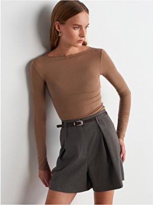 Dilvin Kayık Yaka Modal Kaşmir Slim Fit Ultra Hafif Bluz Kahverengi 32122