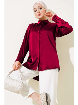 Hazelin Kadın Bordo Saten Yüzeyli Tesettür Gömlek HZL25W-BD139641