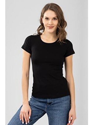 Baykar Kadın Pamuklu Biye Yaka Kısa Kol Düz Basic Tişört 6663 Siyah