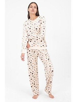 Dofi Kadın Krem Yıldız Desenli Süper Soft Kışlık Pijama Takımı