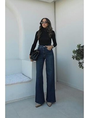 Havoş Koyu Mavi Tintli Wide Leg Jean Kadın Normal Bel Kesim %98 Pamuk %2 Elastan