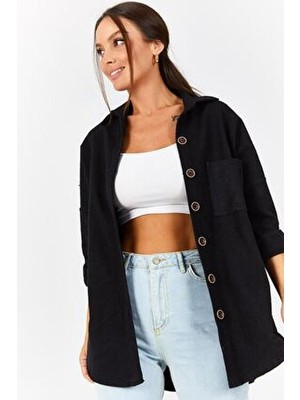 Armonika Kadın Siyah Oversize Kaşe Cepli Gömlek ARM-22Y001156
