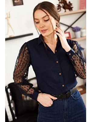 Armonika Kadın Lacivert Kolları Tül Gömlek ARM-20K001068