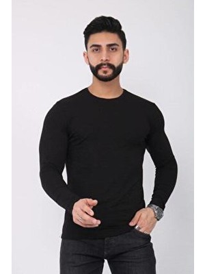 Belirtilmemiş Erkek Siyah Basic Tişört Uzun Kollu Pamuk-Elastan Dokuma Günlük Stil Cepsiz