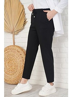 Belirtilmemiş Ip Detaylı Beli Lastikli Dar Paça Siyah Pantolon
