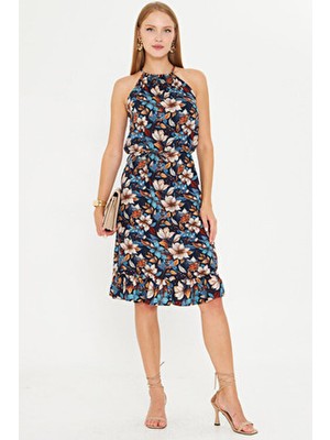 Armonika Kadın Laci Çiçekli Boyundan Bağlamalı Beli Kuşaklı Eteği Fırfırlı Elbise ARM-23Y001112