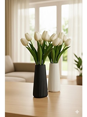 Millonu 2 Li Modern Dekorasyon Için Şık Beyaz Çizgili , Çiçek Vazo - Minimalist ve Zarif Vazo Modelleri