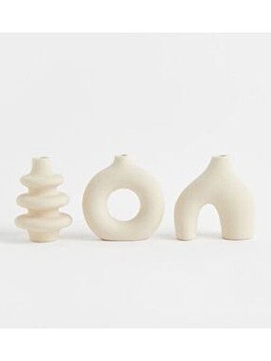 Vazo Seti 3lü Alçı Malzemeden Krem Renkli Dekoratif Obje Modern Tasarım