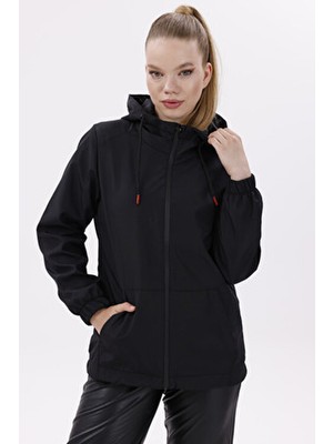 Freemen Kadın Siyah Su Geçirmez ve Rüzgara Dayanıklı Astarlı Kapüşonlu Yağmurluk - Rüzgarlık