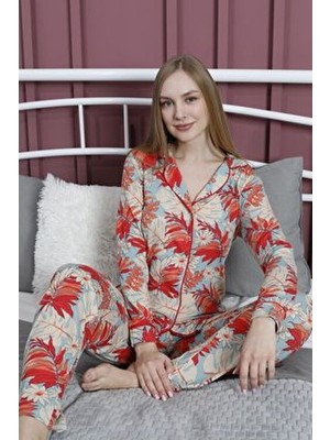 Dofi Kadın Mavi Çiçek Desenli Düğmeli Pijama Takımı