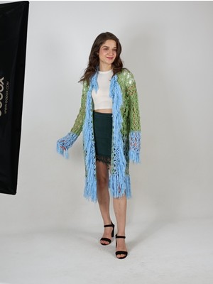 Hippybutik Kadın Püskül Detaylı Nil Yeşili ve Mavi/turkuaz Renkli Özel Tasarım El Örgüsü Hırka