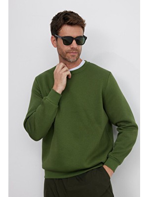 Tudors Unisex Relax Fit Rahat Kesim Pamuklu Yumuşak Dokulu Içi Polarlı Basic Yeşil Bisiklet Yaka Sweatshirt