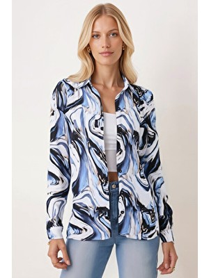 Armonika Kadın Uzun Kol Gömlek ARM-24K001017 Mavi Desenli Dokuma Regular Fit Stil