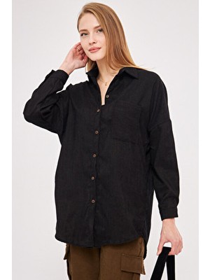 Armonika Kadın Siyah Cepli Oversize Ince Fitilli Kadife Gömlek ARM-24K001076
