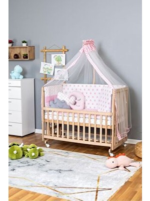 Bamgidoo Doğal Anne Yanı Organik Beşik 70X130 - Pembe Yıldız 3 Yastıklı Uyku Seti Yataklı Tekerlekli