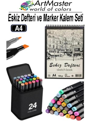 ArtMaster A4 Eskiz Defteri 50 Yaprak 100 gr 1 Adet 24 Renk Marker Kalem Çift Taraflı Touch Çift Uçlu Eskiz Defteri Boya Seti
