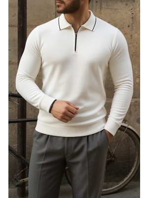 Comstar Erkek Günlük Çizgili Trend Beyaz Polo Yaka Kazak