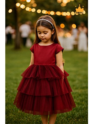 Minimony 4-8 Yaş Inci Taçlı Katlı Tül Etekli Kız Çocuk Abiye Elbise Bayramlık Gelinlik Bordo 6572