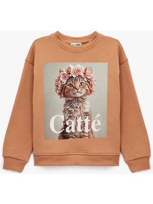 Koton Pamuklu Uzun Kollu Bisiklet Yaka Kedi Baskılı Sweatshirt