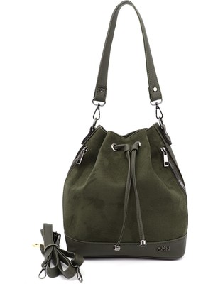 GÖNDERİ Kadın Haki Süet Büzgülü Omuz ve Sırt Çantası
