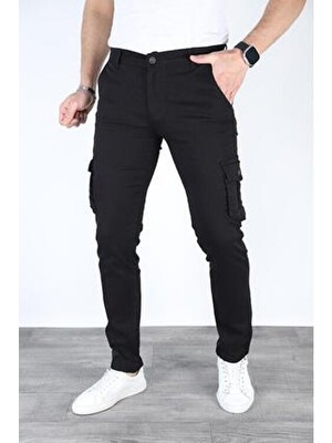  erkek siyah likralı kargo pantolon esnek gabardin komando kargo cep şık pantolon