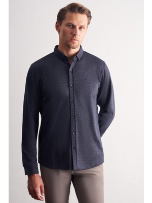 İmza Koyu Lacivert Smart Düğmeli Yaka Uzun Kol Cepsiz Slim Fit Casual Gömlek 1004255171