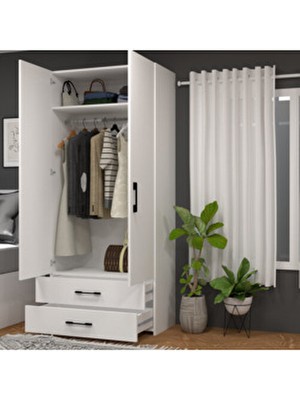 Mobilique Retro-10 Askılı 1 Raflı 2 Çekmeceli 2 Kapaklı Gardırop Beyaz