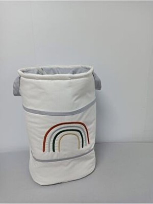 Gökkuşağı Nakışlı Bebek ve Çocuk Oyuncak Kirli Çamaşır Sepeti Gri