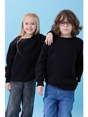 Perendi Unisex Basic Siyah Kışlık Sweatshirt - Şardonlu Uzun Kollu Rahat Kesim