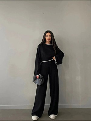 Askı Nişantaşı Kadın Önü Nakış Detaylı Triko Pantolon Takım Kış Temalı Regular Fit