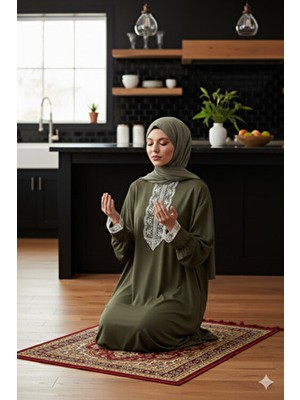 Defkay Tek Parça Kendinden Şallı Düz Renk Şık Kadın Namaz Elbisesi
