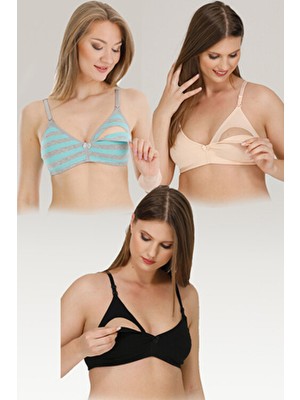 Parlingerie 3lü Emzirme Sütyeni Siyah-Ten-Mint Çizgili