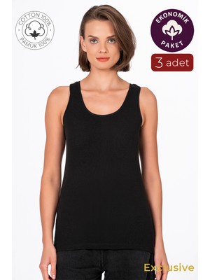 Kadın Pamuklu Ribana Kalın Askılı Atlet 3'lü Paket | Siyah K0111