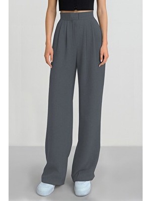 Alinda Kadın Cırtlı Yüksek Bel Bol Paça Palazzo Pantolon Gri Orta Kalınlık Dokuma Kumaş Özellikli